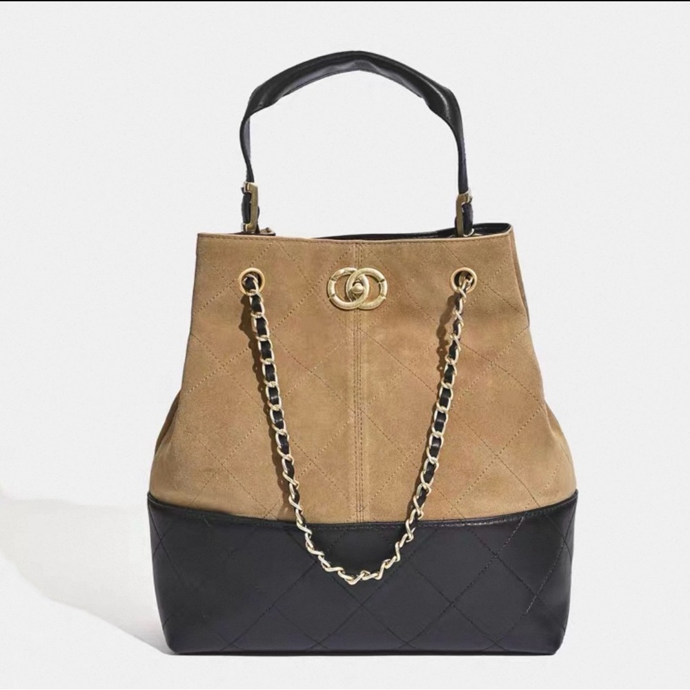 Suede & Leather Two-Tone Tote Bag in Tan and Black
